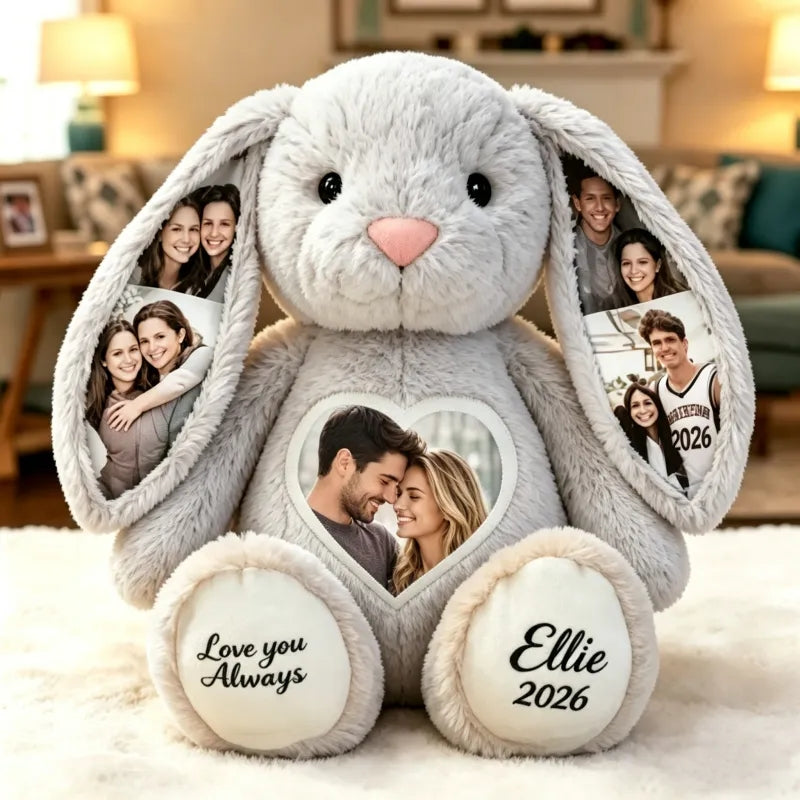 Peluche de conejo con foto e ilustraciones de colores personalizados – Conejo personalizado con imagen oculta en la oreja y texto personalizado, regalo de aniversario para parejas