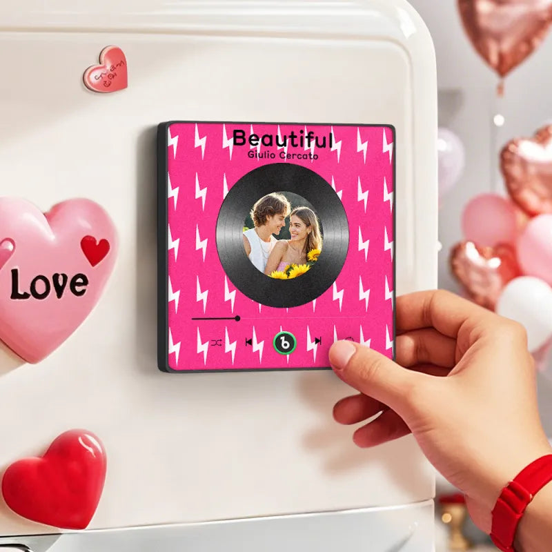 FridgeBeats Framed 4.0 Custom Photo Fridge Magnet with Pink Lightning Pattern Vinyl Cover Photo Music Player Fridge Magnet Valentines Gift