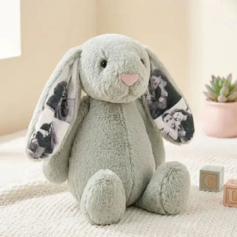 Peluche de conejito con foto personalizada, regalo con imagen oculta en la oreja para parejas, aniversario y Día de la Madre