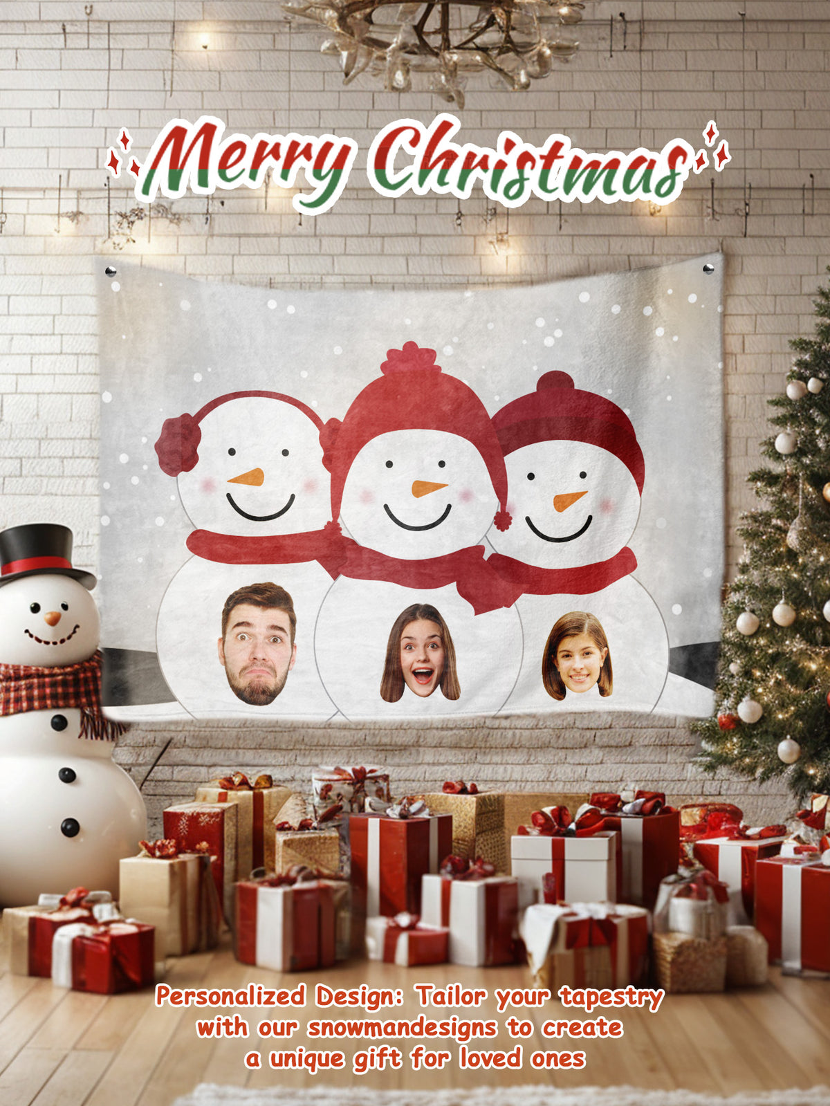 Custom Photo Tapestry – Personalized Faces Snowman Wall Hanging Blanket for Home Decor Christmas Gift