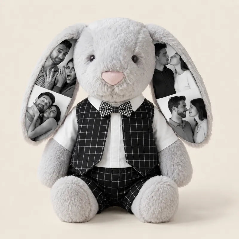Peluche de conejito de boda de 40 cm con foto personalizada – Muñeco de peluche de novia y novio personalizado, regalo de aniversario de boda para parejas