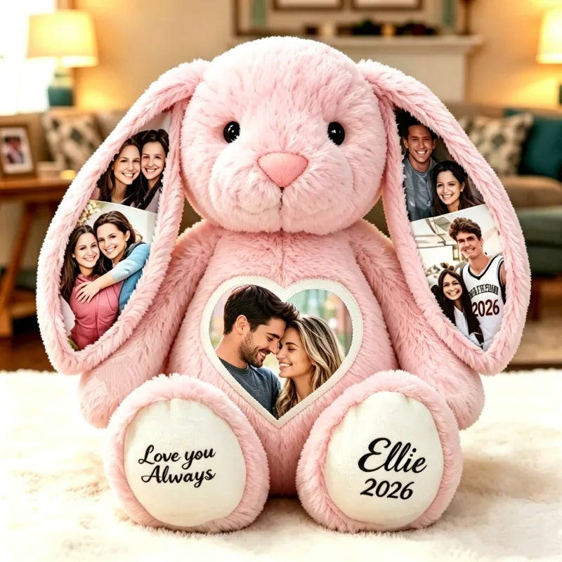 Peluche de conejo con foto e ilustraciones de colores personalizados – Conejo personalizado con imagen oculta en la oreja y texto personalizado, regalo de aniversario para parejas