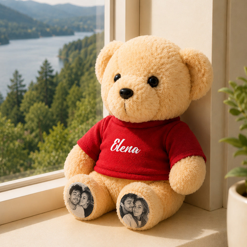 Osito de peluche personalizado con patas con foto personalizada y camiseta con nombre, regalo de peluche personalizado para parejas, niños y seres queridos