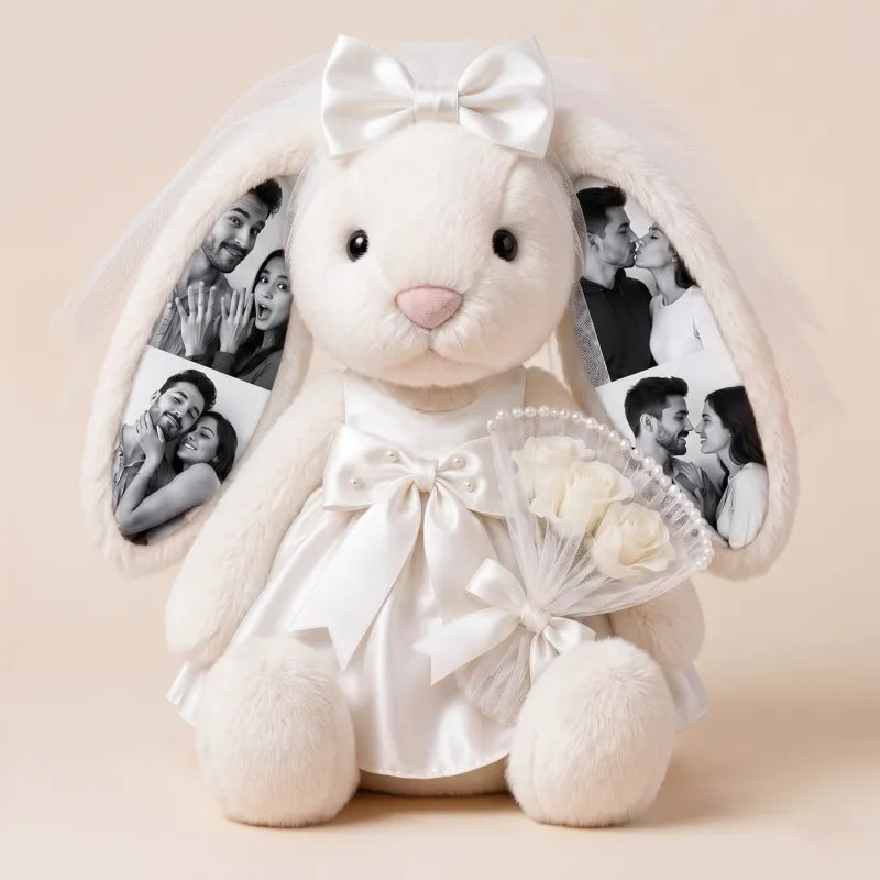 Peluche de conejito de boda de 40 cm con foto personalizada – Muñeco de peluche de novia y novio personalizado, regalo de aniversario de boda para parejas