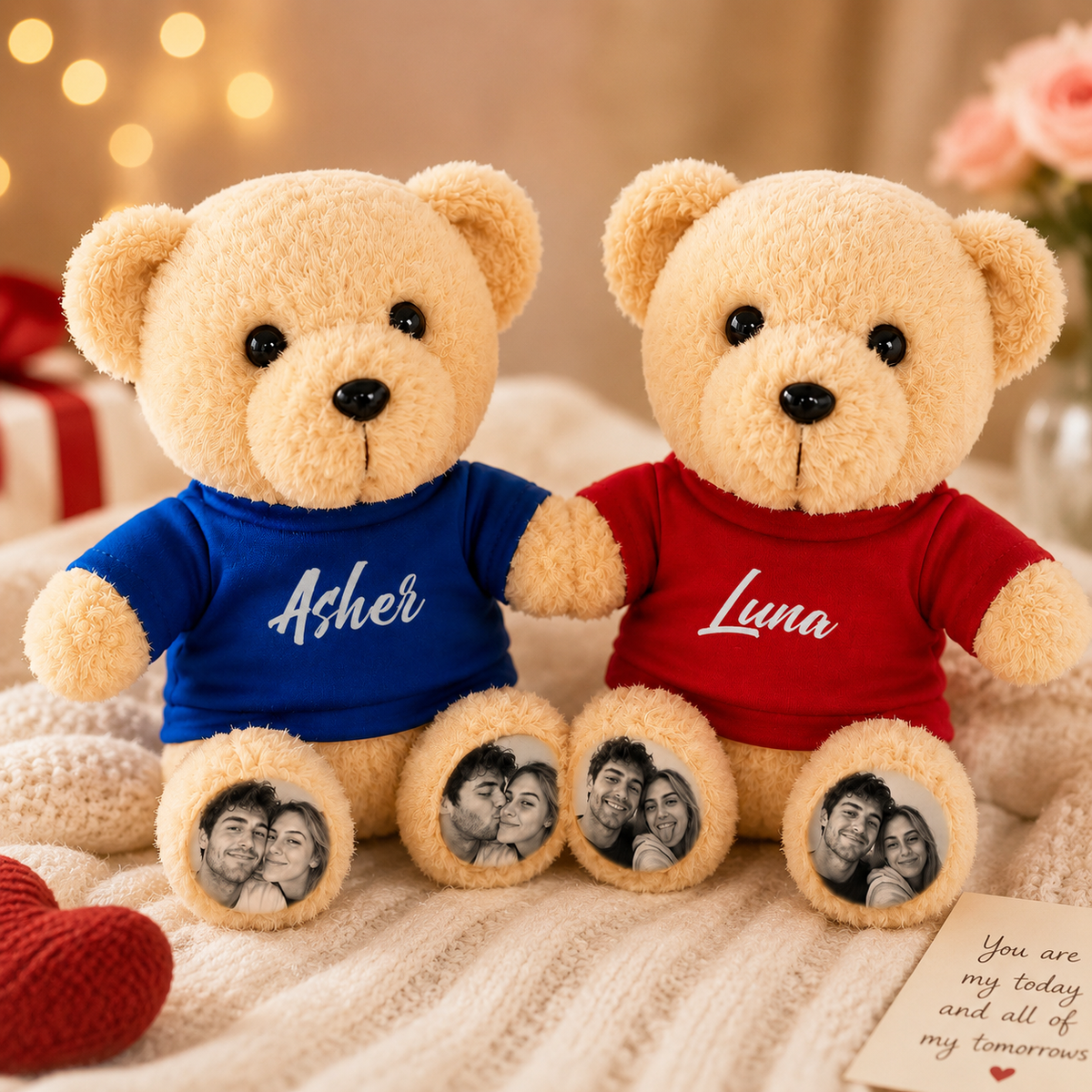 Osito de peluche personalizado con patas con foto personalizada y camiseta con nombre, regalo de peluche personalizado para parejas, niños y seres queridos