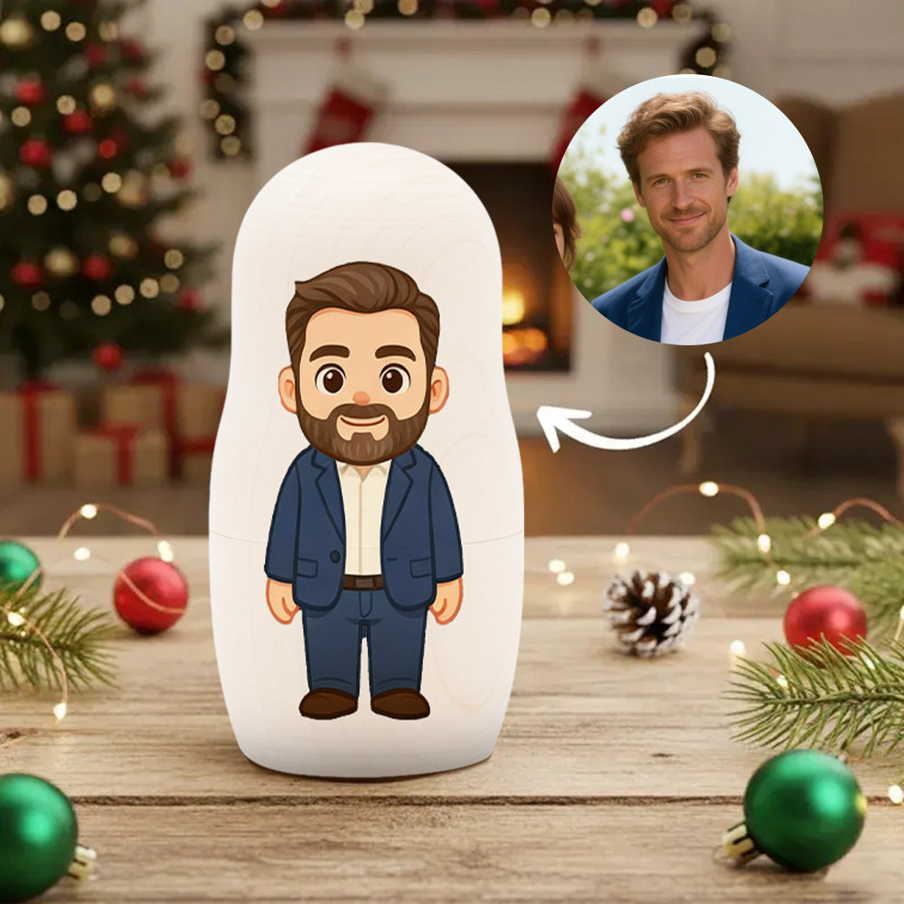 (5 Working Days Production) Personalized Family Portrait Nesting Doll with Box Custom Photo into Cartoon Style Preview Christmas Gift