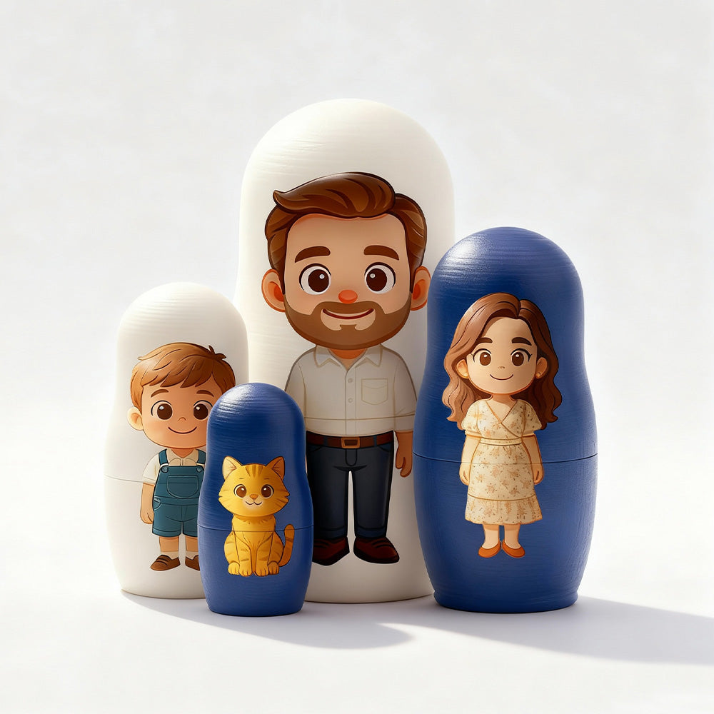 (5 Working Days Production) Personalized Family Portrait Nesting Doll with Box Custom Photo into Cartoon Style Preview Christmas Gift