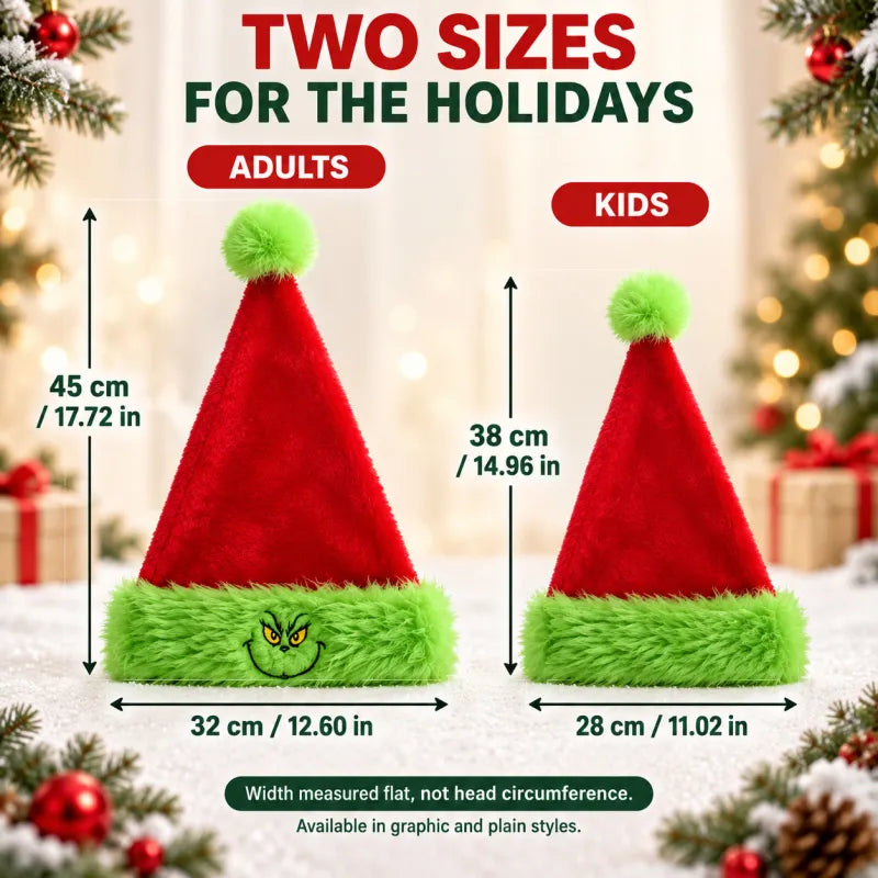 Fluffy Red & Green Santa Hat Double-Layer Plush Christmas Hat with Optional Embroidered Emoji for Adults & Kids