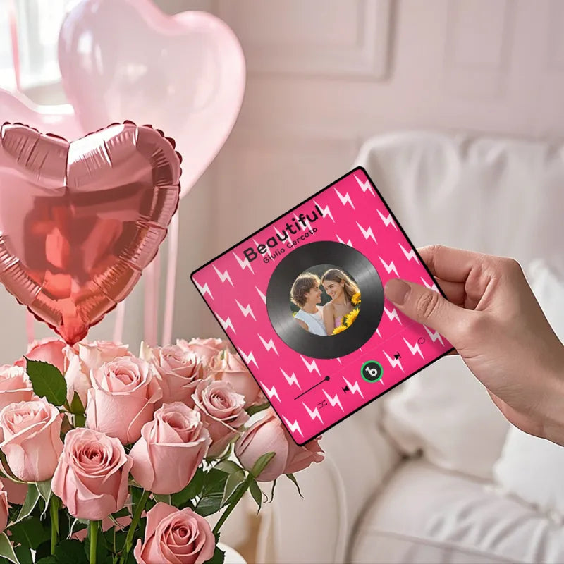 FridgeBeats Framed 4.0 Custom Photo Fridge Magnet with Pink Lightning Pattern Vinyl Cover Photo Music Player Fridge Magnet Valentines Gift