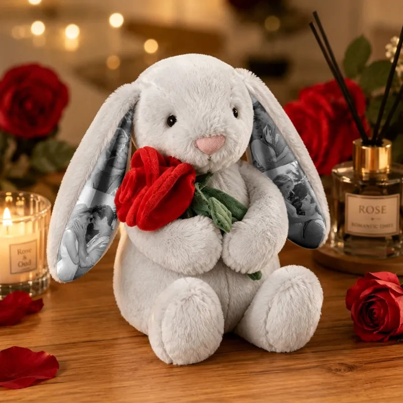 Peluche de conejito con rosa roja y foto personalizada, regalo para parejas con imagen oculta en la oreja, ideal para aniversarios