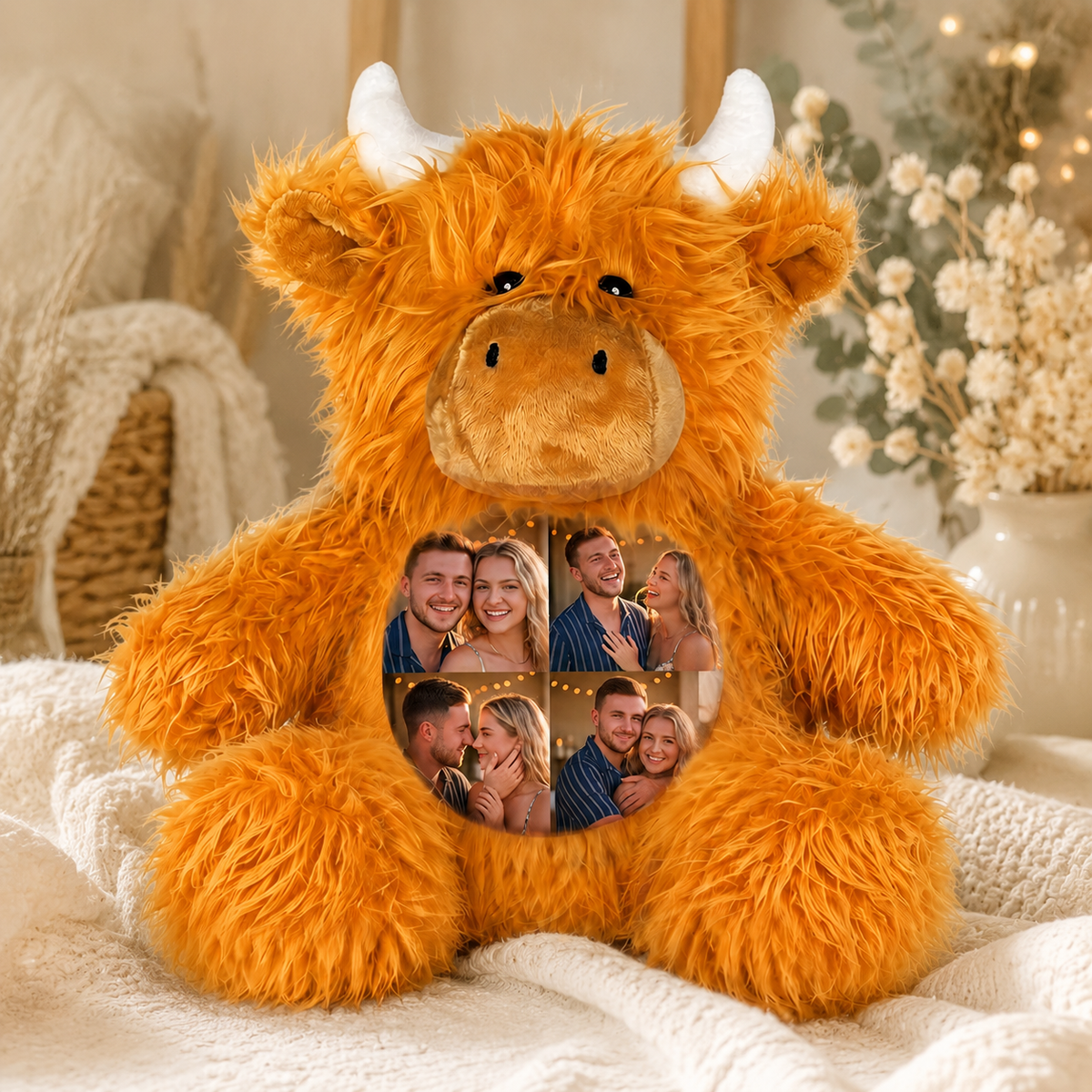 Peluche de vaca de las Tierras Altas con foto personalizada, animal de peluche con collage de fotos personalizado, peluche esponjoso de vaca de las Tierras Altas, regalo de recuerdo para parejas