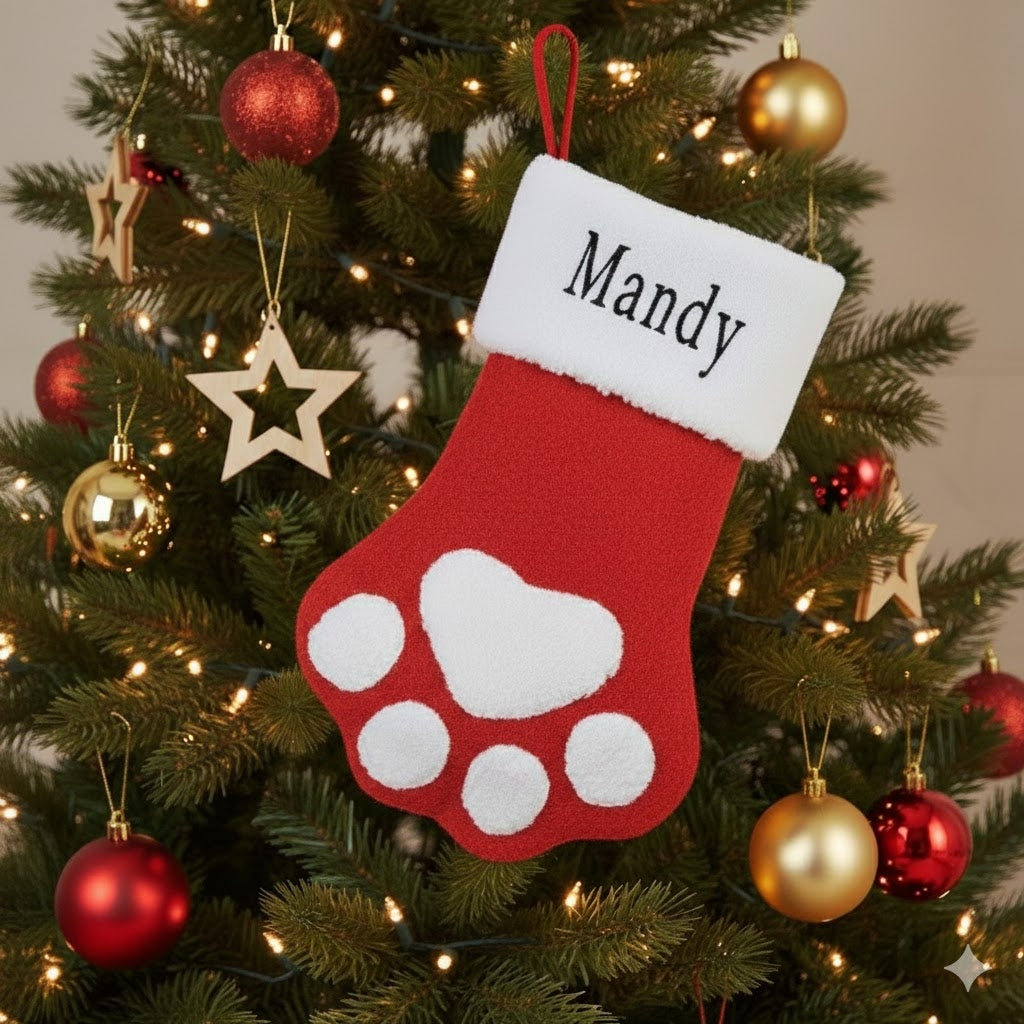 Custom Name Gray Cat Paw Christmas Stocking Ornament Tree Decoration