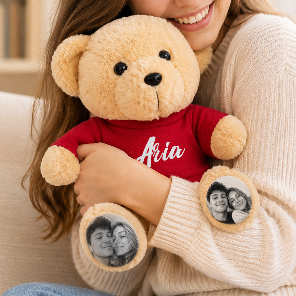 Osito de peluche personalizado con patas con foto personalizada y camiseta con nombre, regalo de peluche personalizado para parejas, niños y seres queridos