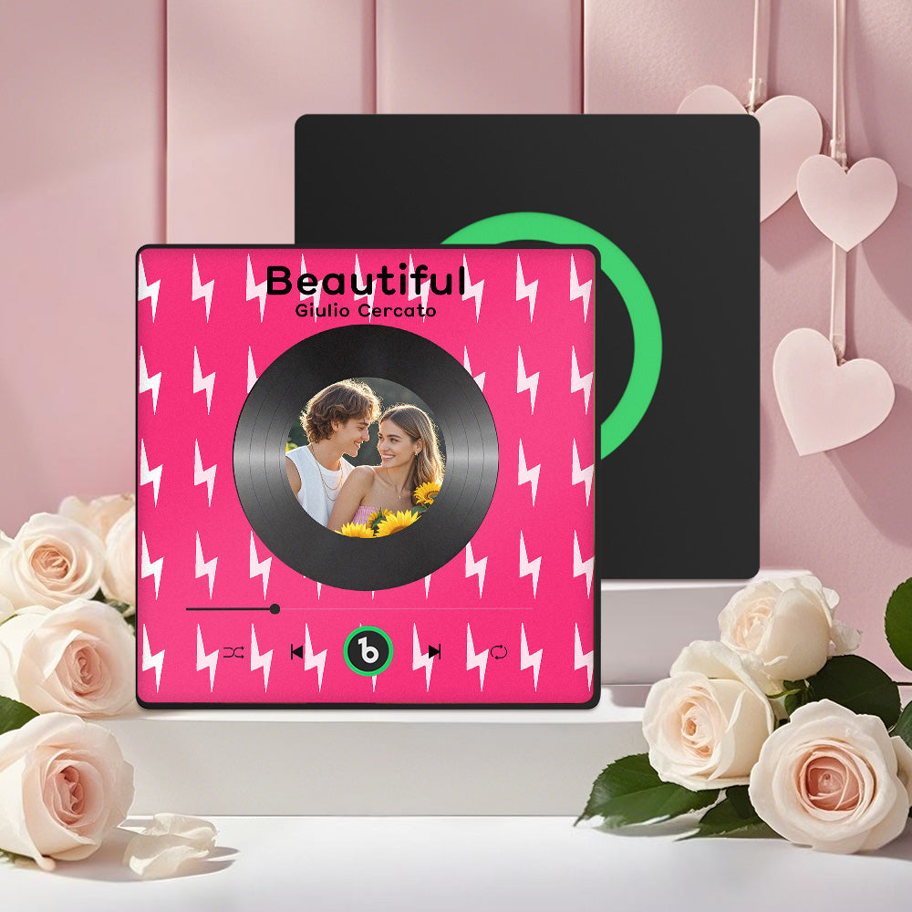 FridgeBeats Framed 4.0 Custom Photo Fridge Magnet with Pink Lightning Pattern Vinyl Cover Photo Music Player Fridge Magnet Valentines Gift