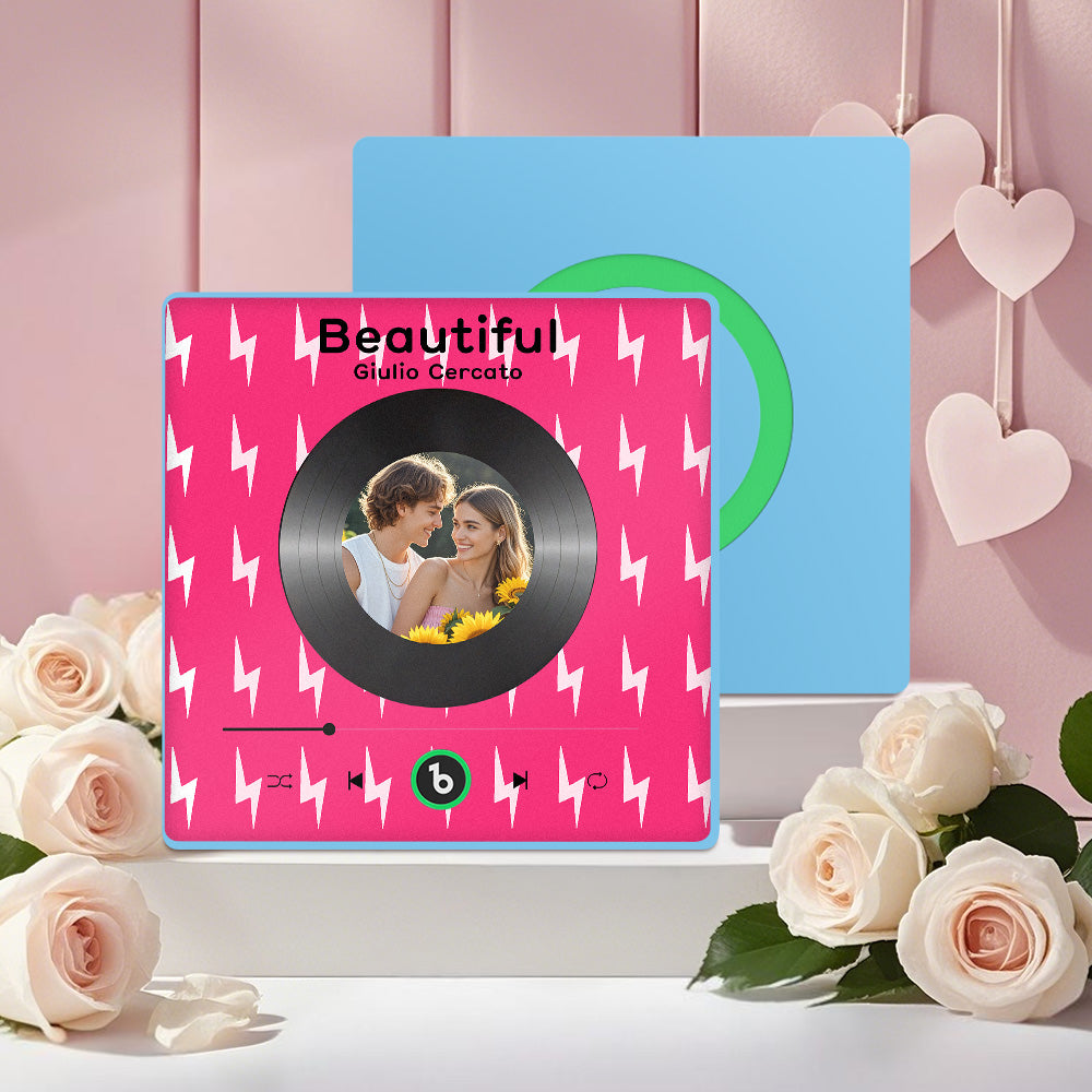 FridgeBeats Framed 4.0 Custom Photo Fridge Magnet with Pink Lightning Pattern Vinyl Cover Photo Music Player Fridge Magnet Valentines Gift
