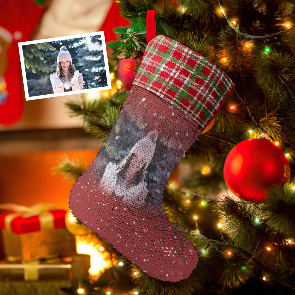 Custom Photo Sequin Christmas Stocking Personalized Snowflake Christmas Decoration Sock