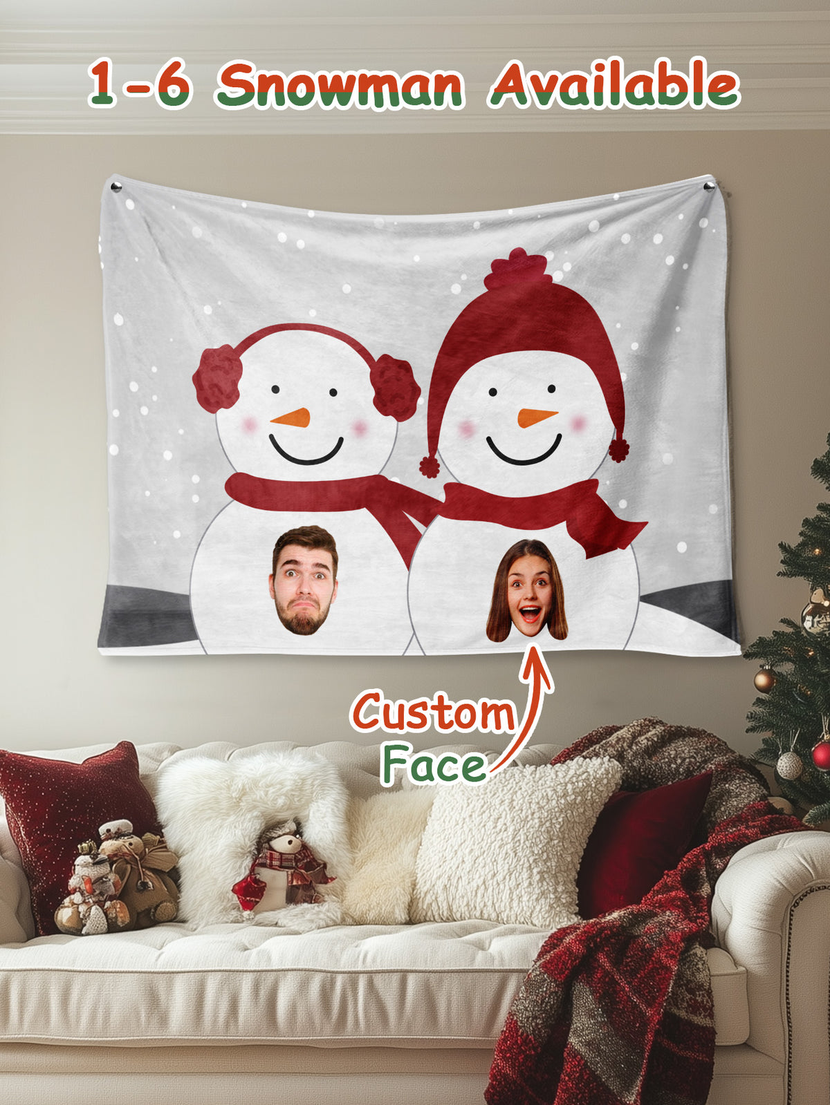 Custom Photo Tapestry – Personalized Faces Snowman Wall Hanging Blanket for Home Decor Christmas Gift
