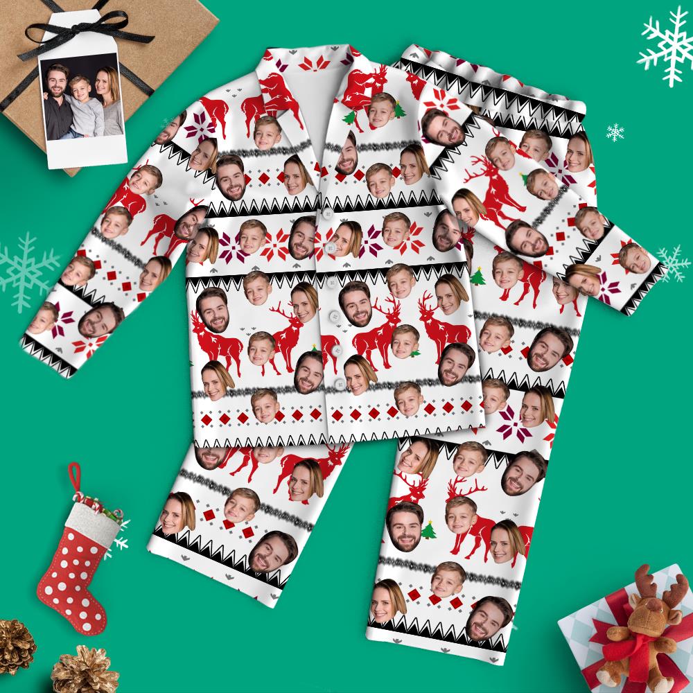Custom Face Christmas Long Sleeve White Pajamas with Reindeer