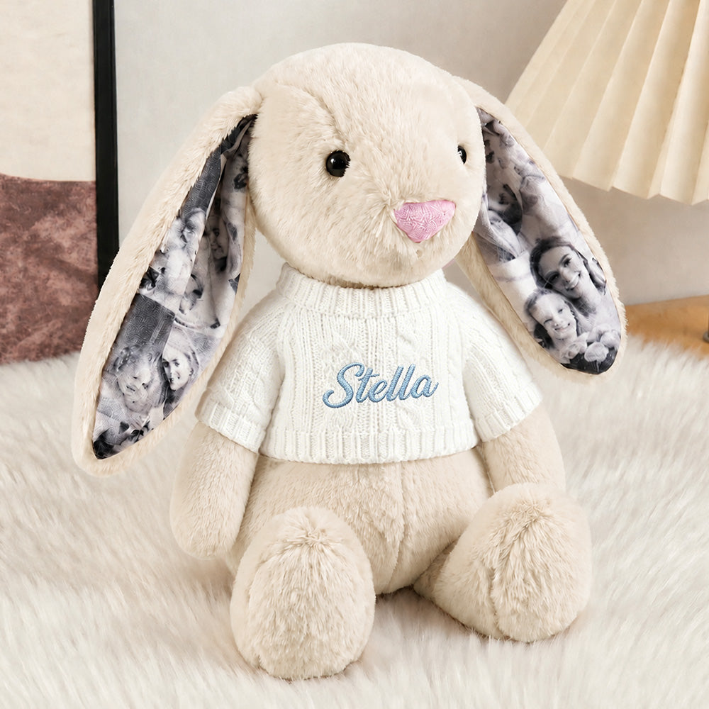 Peluche de conejito con orejas y suéter personalizados, foto personalizada y bordado de nombre, bonitos regalos de aniversario