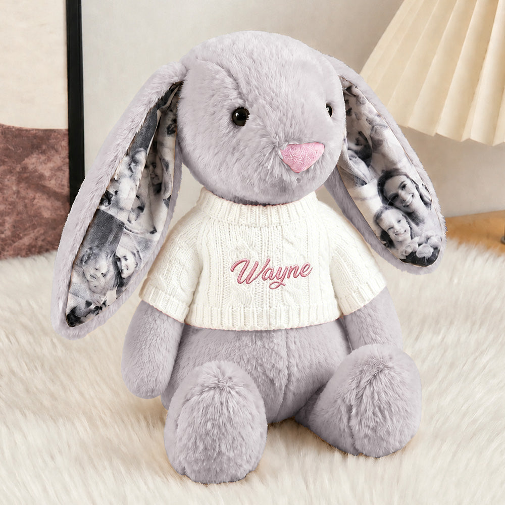 Peluche de conejito con orejas y suéter personalizados, foto personalizada y bordado de nombre, bonitos regalos de aniversario