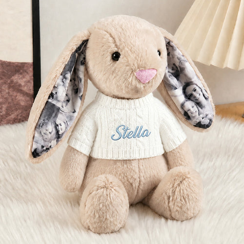 Peluche de conejito con orejas y suéter personalizados, foto personalizada y bordado de nombre, bonitos regalos de aniversario
