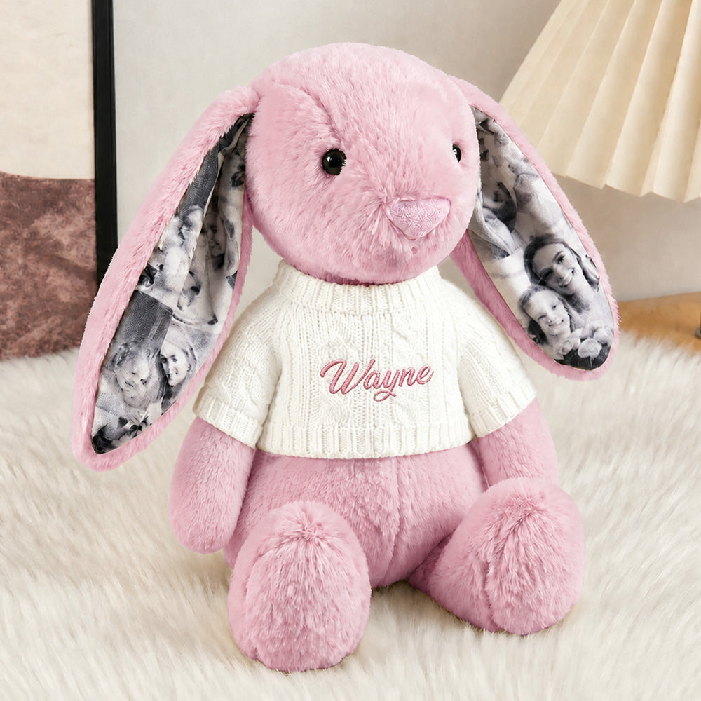 Peluche de conejito con orejas y suéter personalizados, foto personalizada y bordado de nombre, bonitos regalos de aniversario