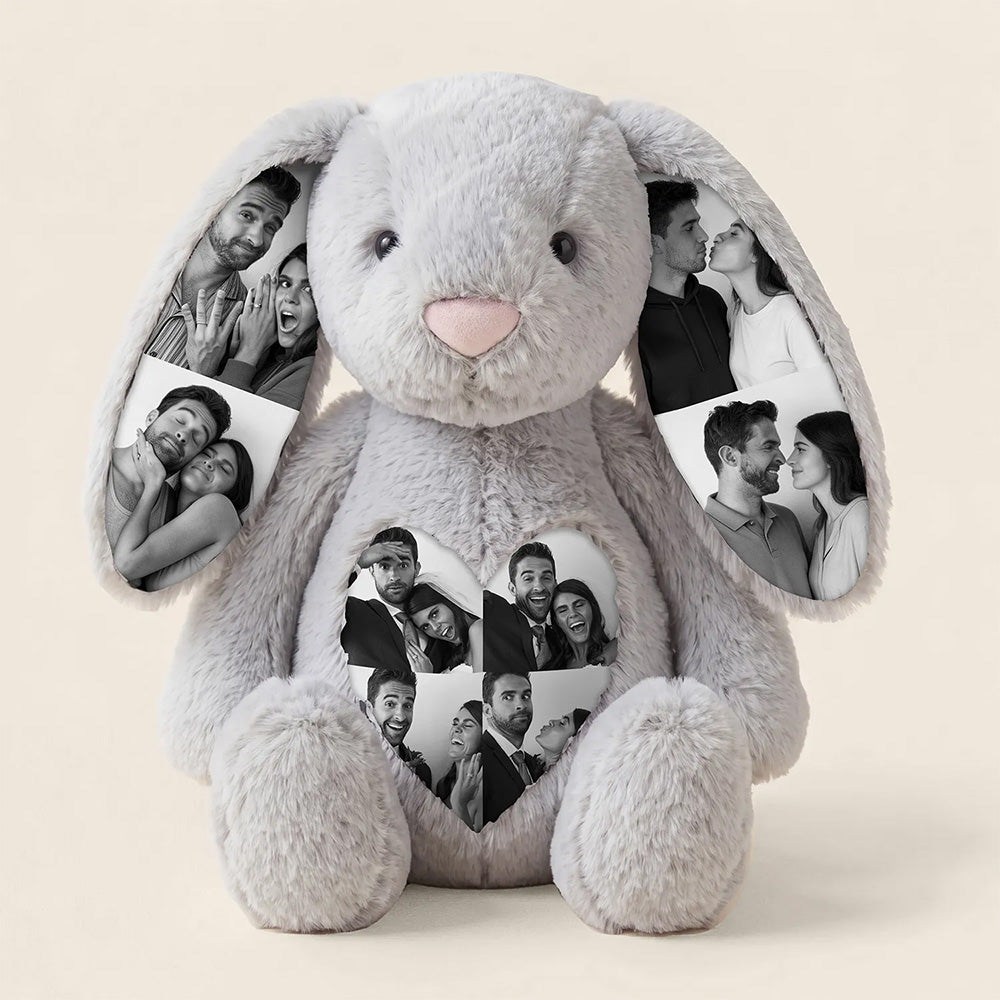 Peluche de conejito personalizado con orejas y barriga con foto personalizada para parejas, regalo de aniversario