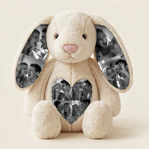 Peluche de conejito personalizado con orejas y barriga con foto personalizada para parejas, regalo de aniversario