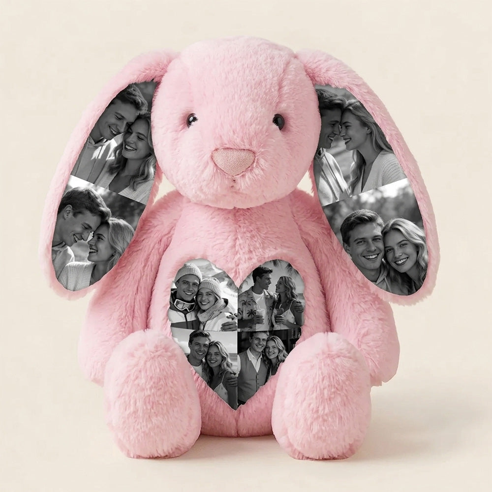Peluche de conejito personalizado con orejas y barriga con foto personalizada para parejas, regalo de aniversario