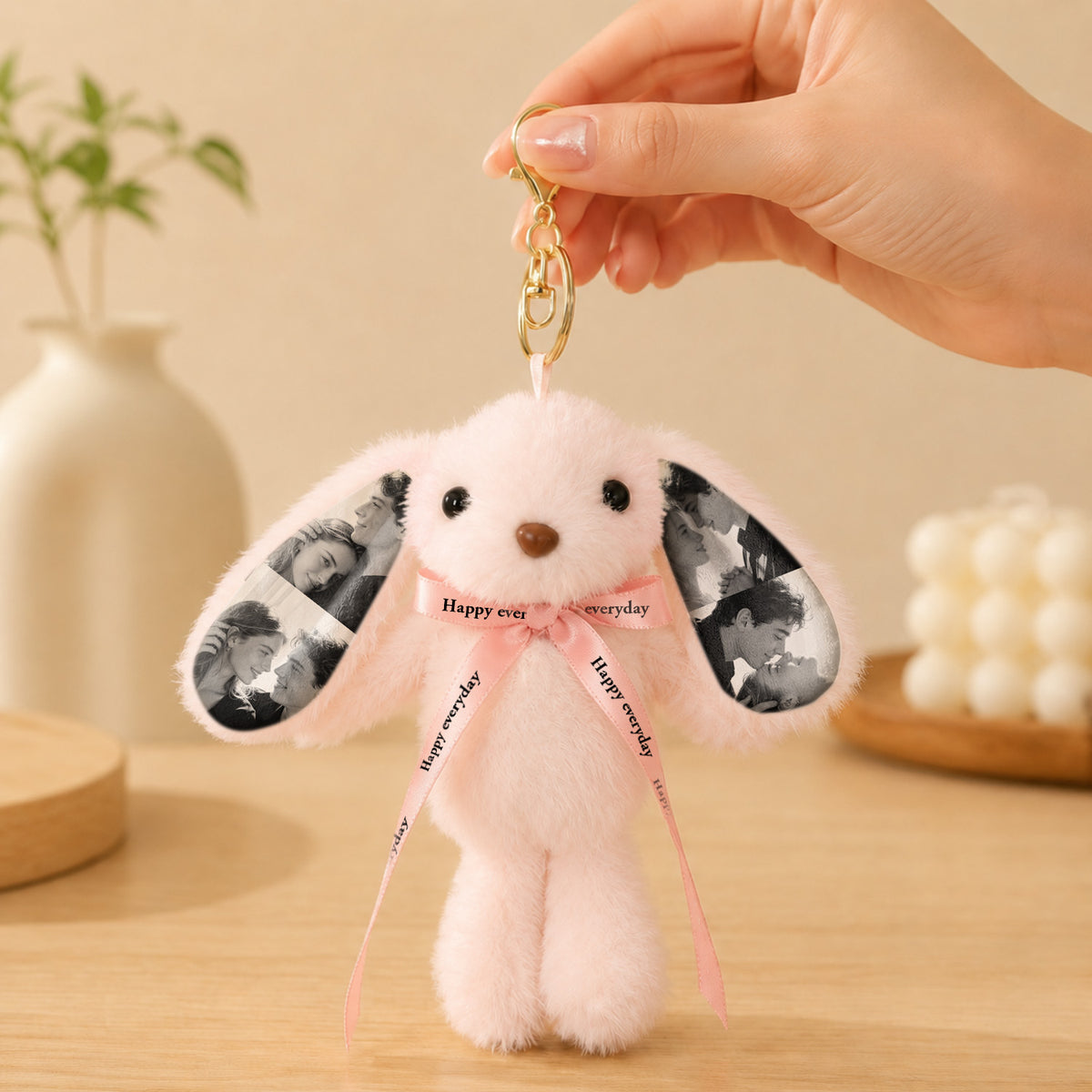 Llavero de peluche de conejito con foto personalizada – Adorno de bolso de conejo tierno personalizado con orejas con foto y lazo de regalo
