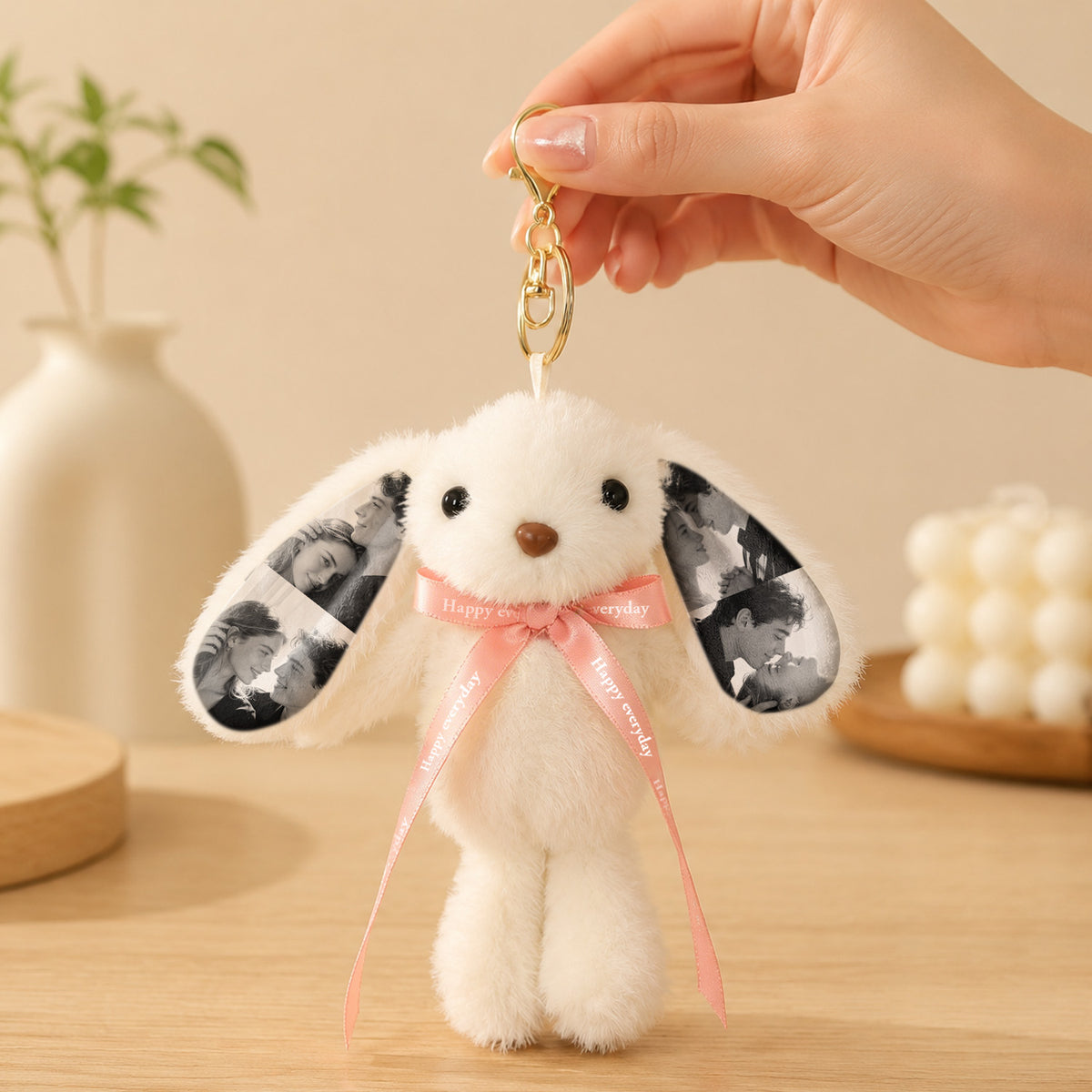 Llavero de peluche de conejito con foto personalizada – Adorno de bolso de conejo tierno personalizado con orejas con foto y lazo de regalo