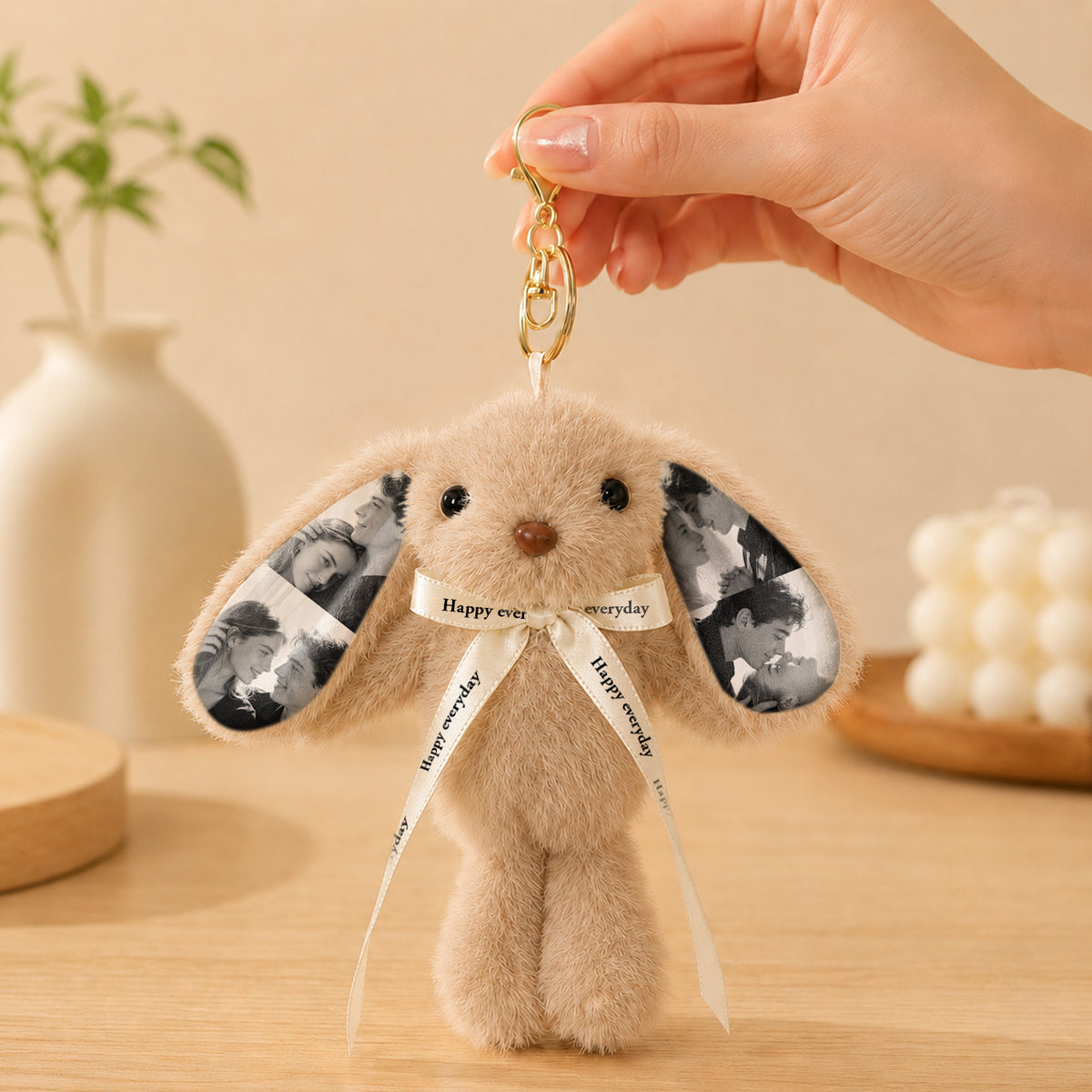 Llavero de peluche de conejito con foto personalizada – Adorno de bolso de conejo tierno personalizado con orejas con foto y lazo de regalo