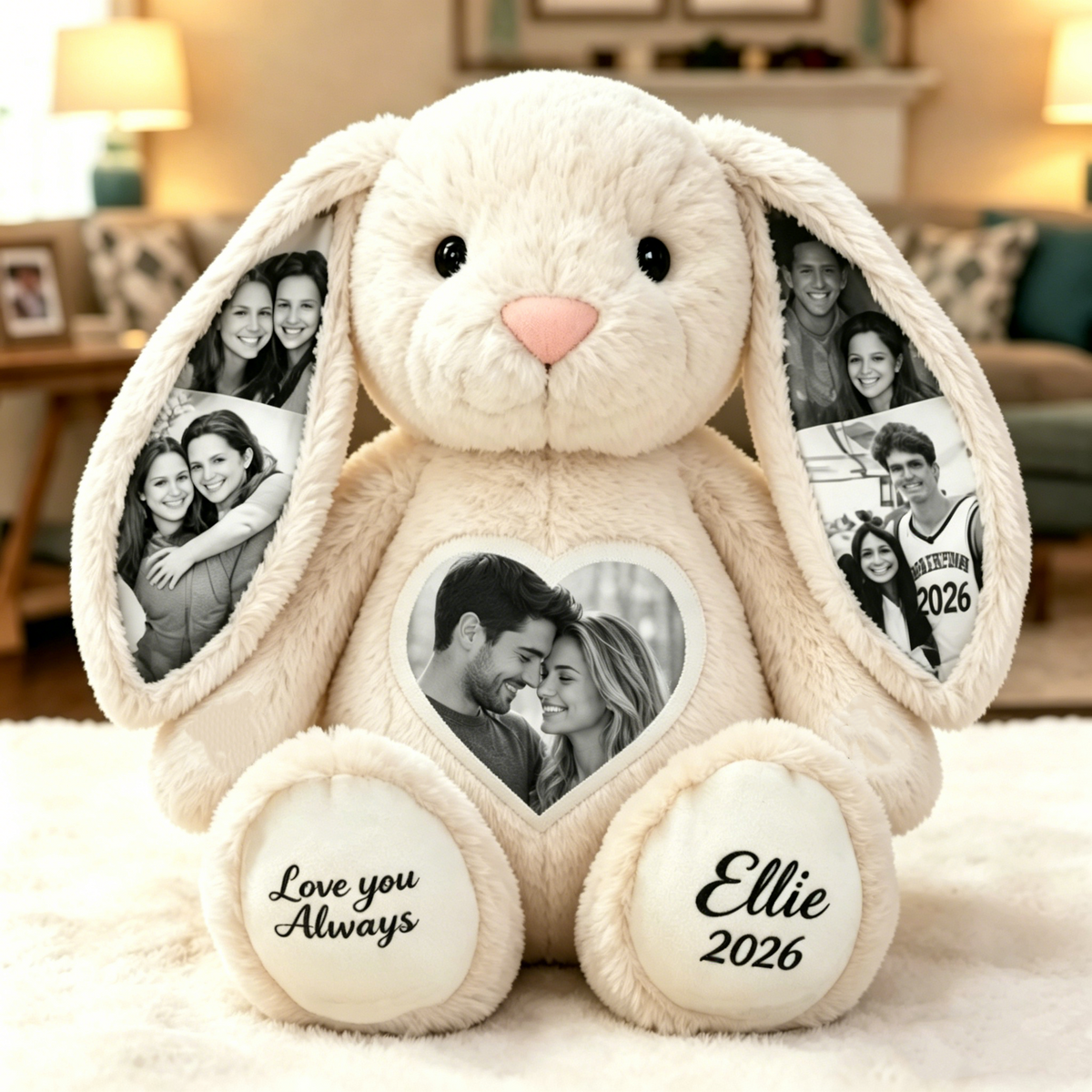 Peluche de conejito personalizado con foto de corazón en blanco y negro – Conejito con foto oculta en la oreja y texto personalizado, regalo de aniversario para parejas