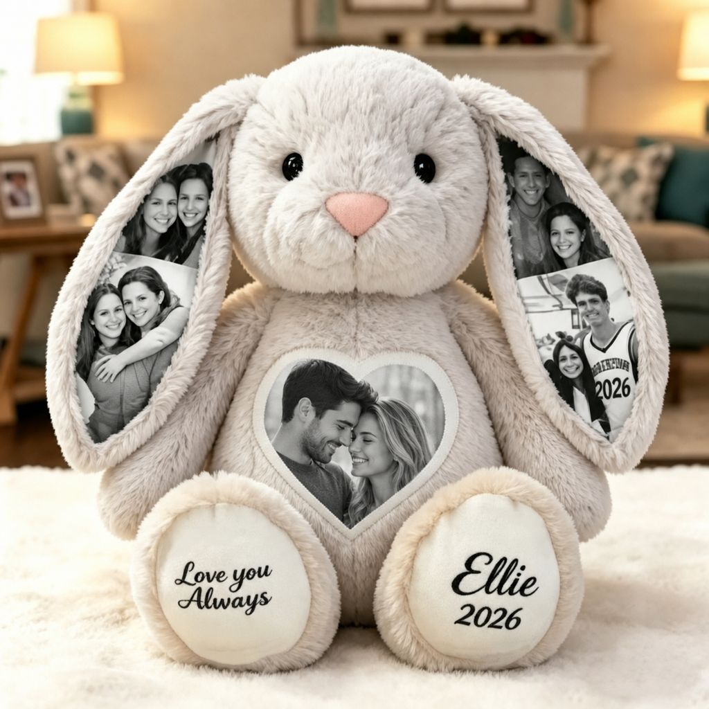 Peluche de conejito personalizado con foto de corazón en blanco y negro – Conejito con foto oculta en la oreja y texto personalizado, regalo de aniversario para parejas