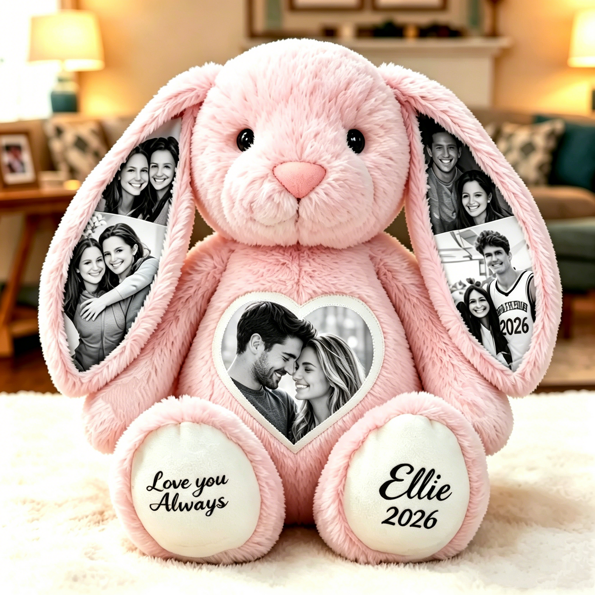 Peluche de conejito personalizado con foto de corazón en blanco y negro – Conejito con foto oculta en la oreja y texto personalizado, regalo de aniversario para parejas