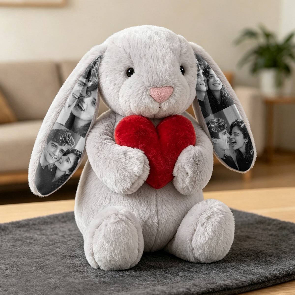 Peluche de conejito con corazón rojo y foto personalizada, regalo de conejito con imagen oculta en la oreja para parejas, regalo de aniversario