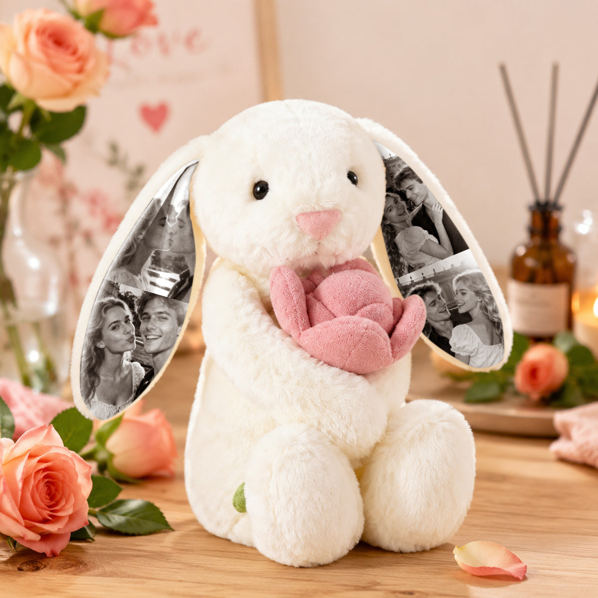 Peluche de conejito rosa con foto personalizada, regalo de conejito con imagen oculta en la oreja para parejas, regalo de aniversario