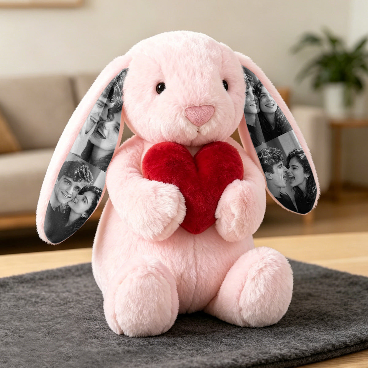 Peluche de conejito con corazón rojo y foto personalizada, regalo de conejito con imagen oculta en la oreja para parejas, regalo de aniversario