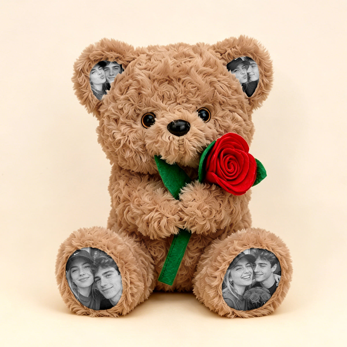 Oso de peluche con foto personalizada con rosa, oso de peluche personalizado con imágenes en las orejas y patas, regalo romántico para aniversario