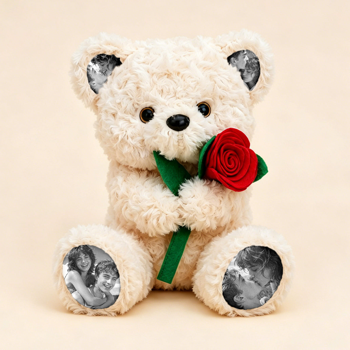 Oso de peluche con foto personalizada con rosa, oso de peluche personalizado con imágenes en las orejas y patas, regalo romántico para aniversario