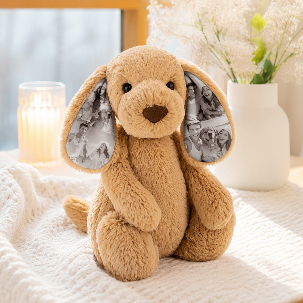 Perro de peluche con foto personalizada y orejas con recuerdos, peluche de cachorro personalizado para regalar y conservar como recuerdo para niños y seres queridos
