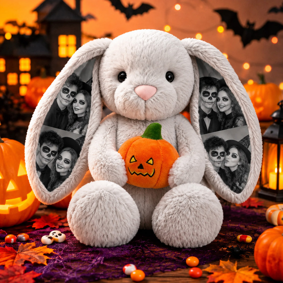 Peluche de conejito de Halloween con foto personalizada, juguete de peluche de conejo con orejas de imagen personalizada y calabaza, bonito regalo para parejas