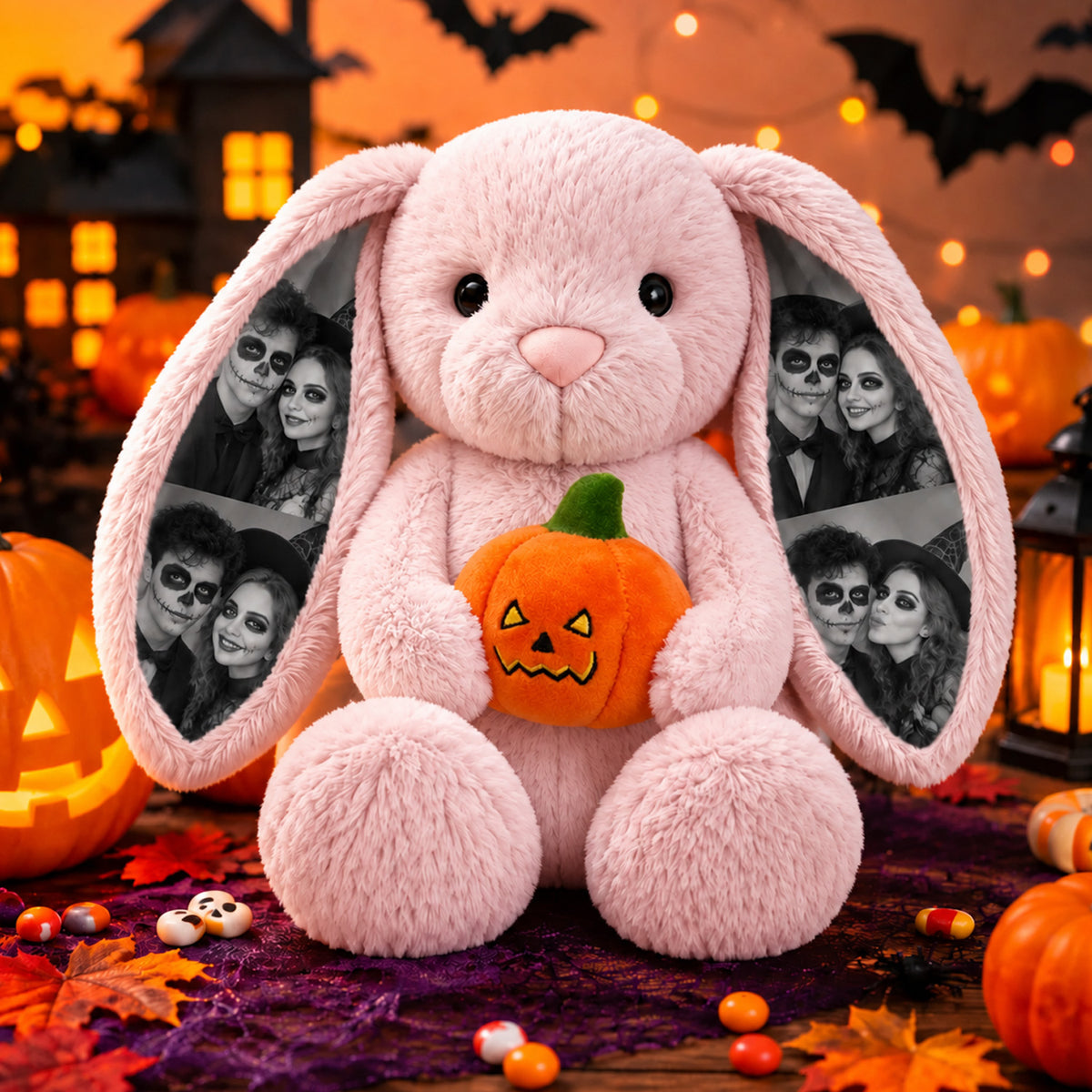 Peluche de conejito de Halloween con foto personalizada, juguete de peluche de conejo con orejas de imagen personalizada y calabaza, bonito regalo para parejas