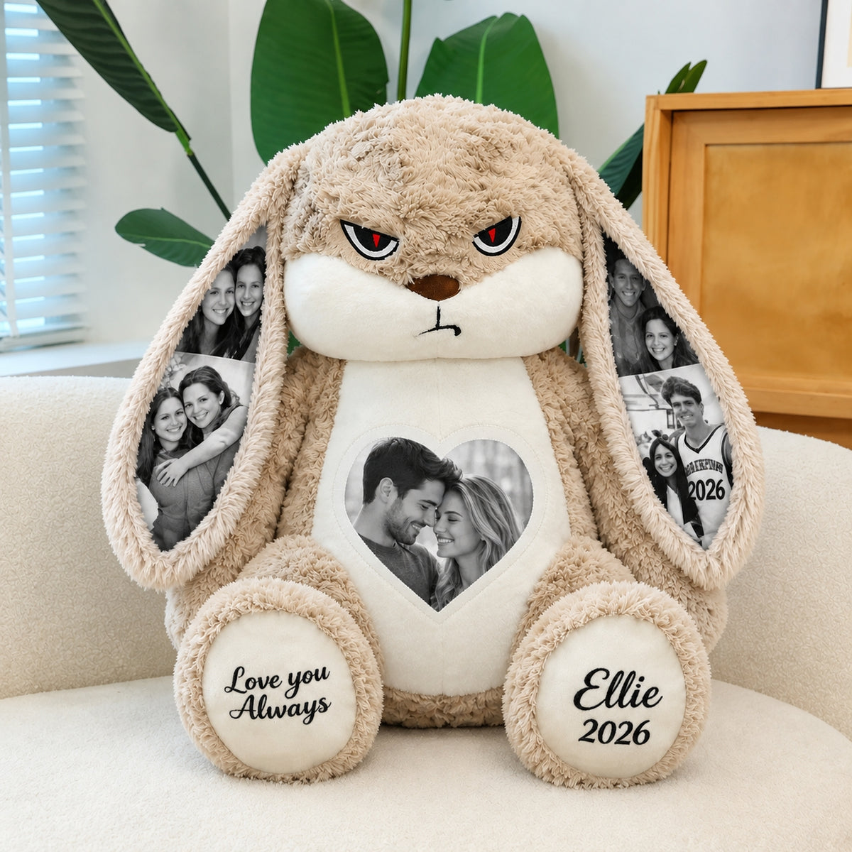 Peluche de conejito gruñón personalizado con orejas con foto personalizada y rosas, regalo romántico para parejas