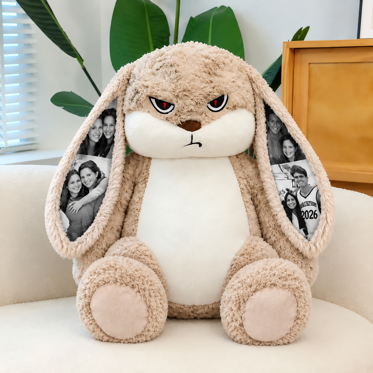 Peluche de conejito gruñón personalizado con orejas con foto personalizada y rosas, regalo romántico para parejas