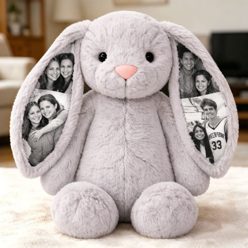 Peluche de conejito con foto personalizada, regalo con imagen oculta en la oreja para parejas, aniversario y Día de la Madre