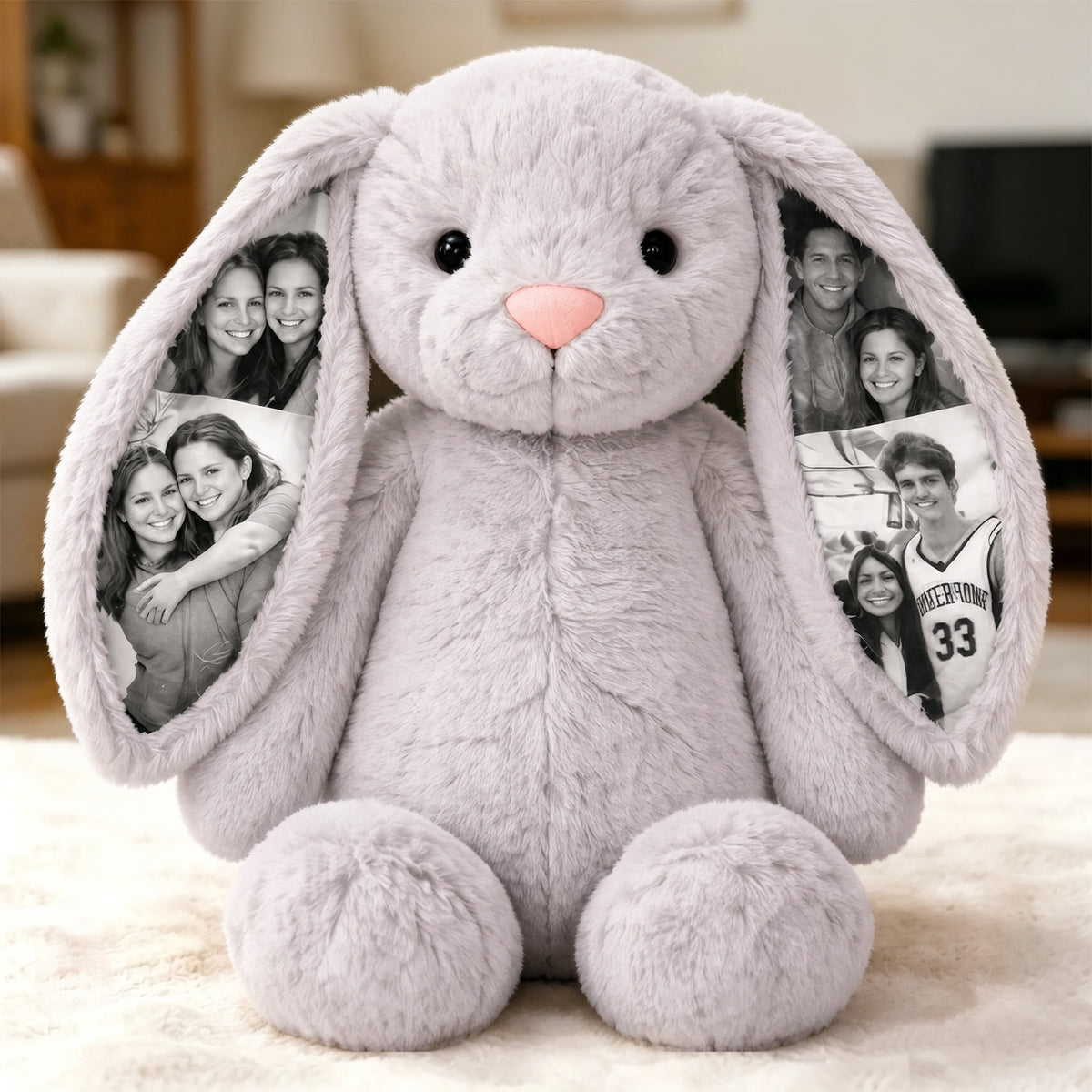 Peluche de conejito con foto personalizada, regalo con imagen oculta en la oreja para parejas, aniversario y Día de la Madre
