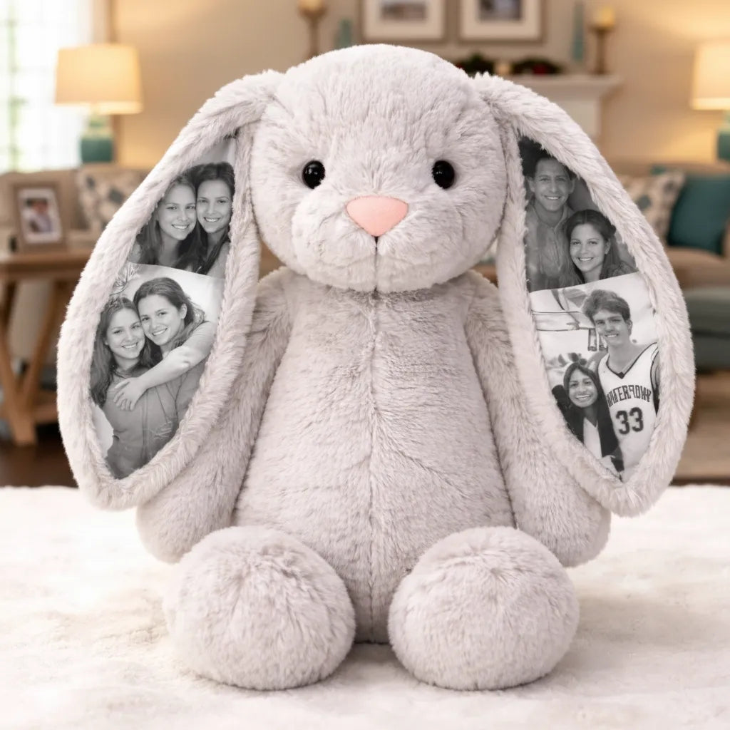Peluche de conejito con foto personalizada, regalo con imagen oculta en la oreja para parejas, aniversario y Día de la Madre