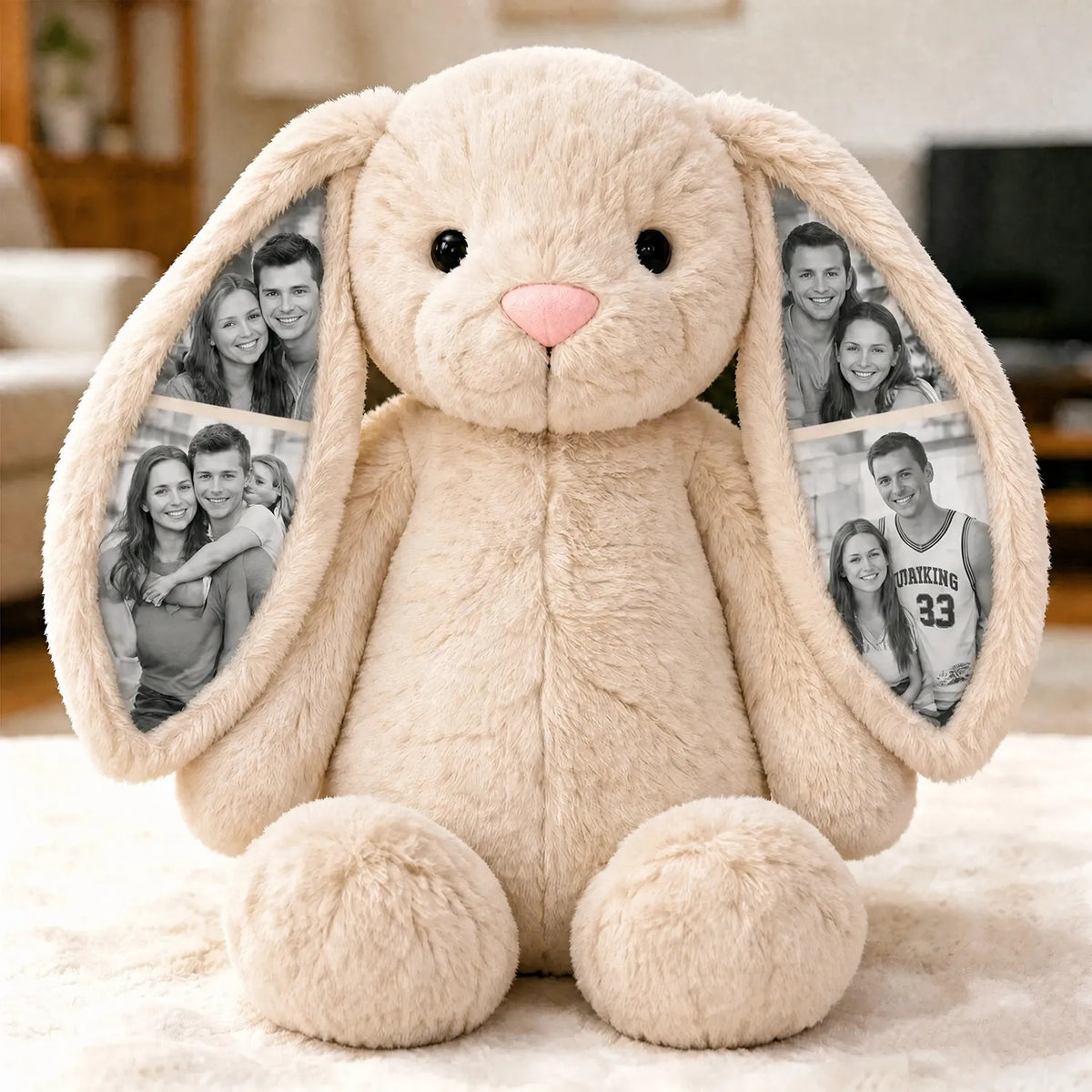 Peluche de conejito con foto personalizada, regalo con imagen oculta en la oreja para parejas, aniversario y Día de la Madre
