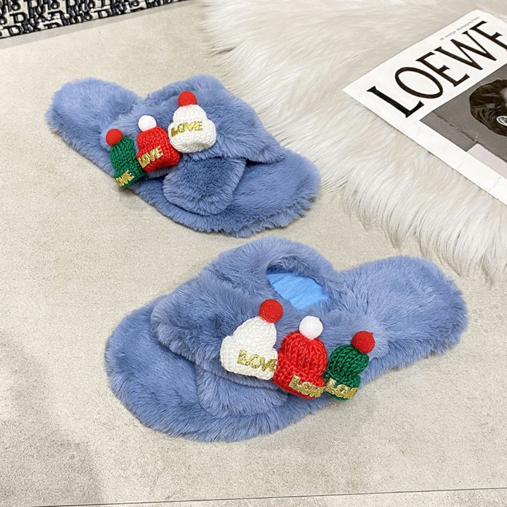 Christmas Slippers Christmas Hat Decor Criss Cross Fluffy Bedroom Slippers
